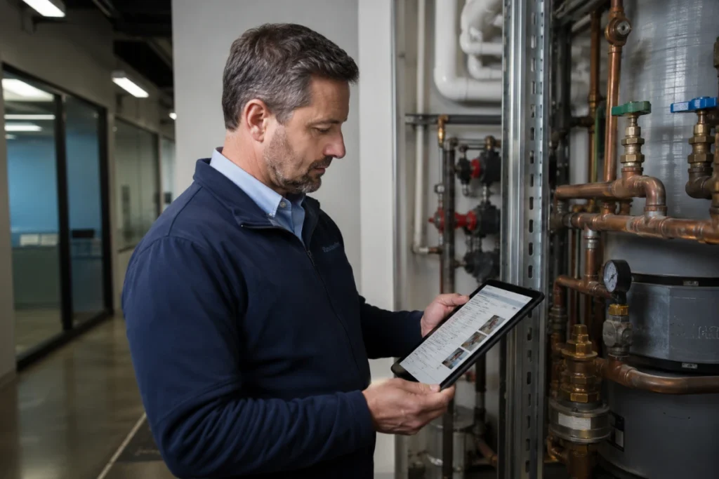 Facility manager reviewing commercial plumbing maintenance records