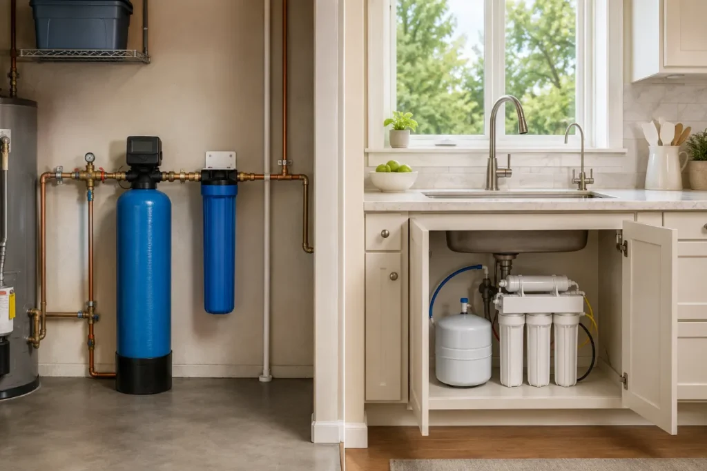 Home using whole-house water filtration with a separate kitchen reverse osmosis system