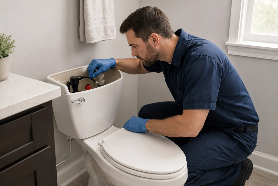 Plumber inspecting a running toilet that may be increasing household water use