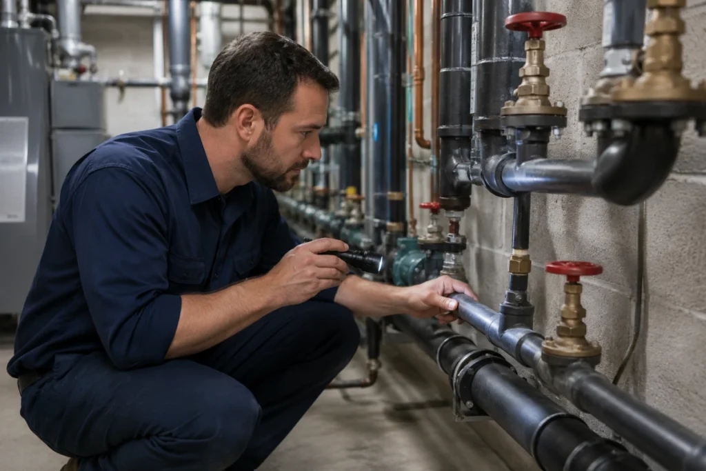 Plumber inspecting commercial pipes and shutoff valves during routine maintenance