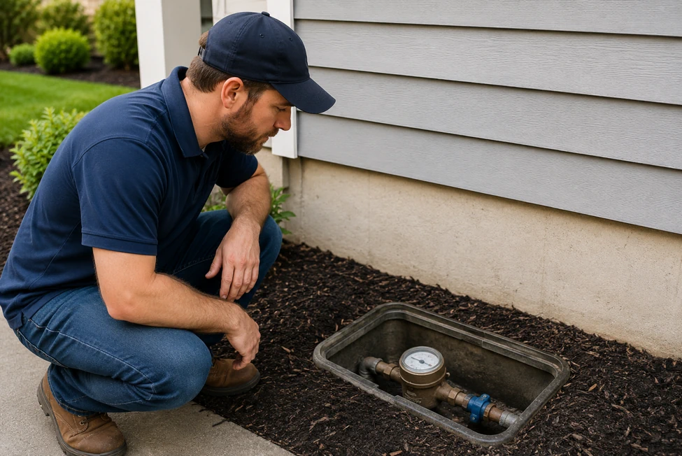 Plumber observing a residential water meter for unexplained water use