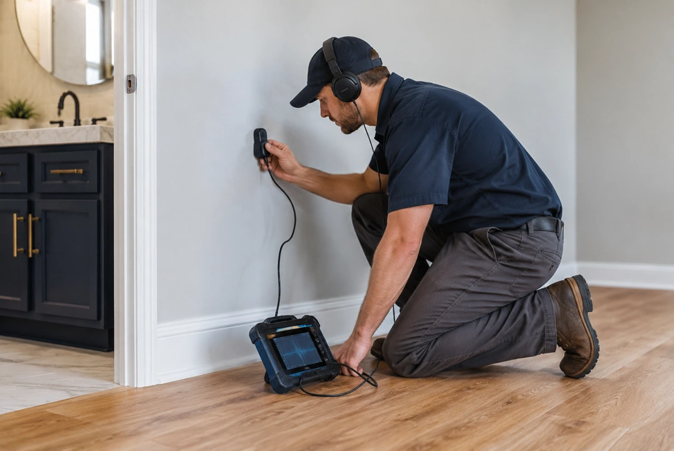 Plumbing professional checking a Spring Texas home for a hidden water leak