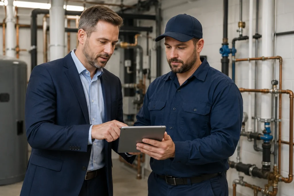 Property manager and plumber reviewing a commercial plumbing maintenance plan