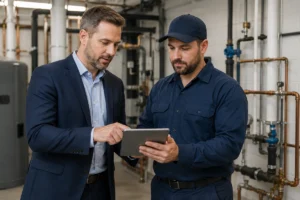 Property manager and plumber reviewing a commercial plumbing maintenance plan