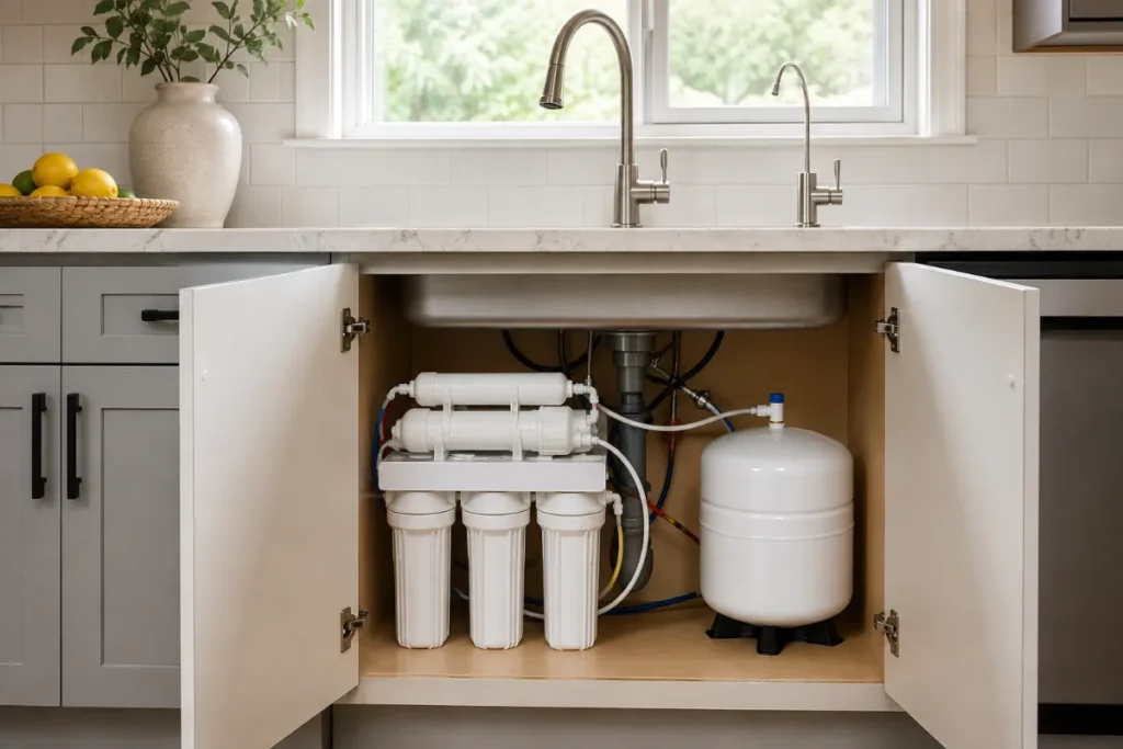 Under-sink reverse osmosis system connected to a dedicated drinking-water faucet