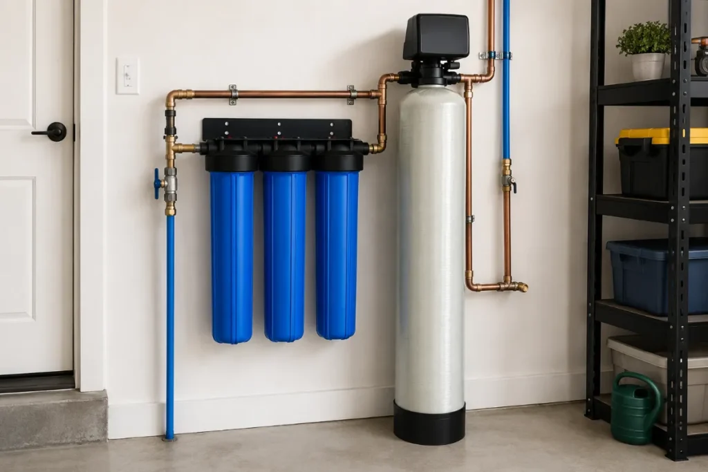 Whole-house water filtration system installed on a home's incoming water line