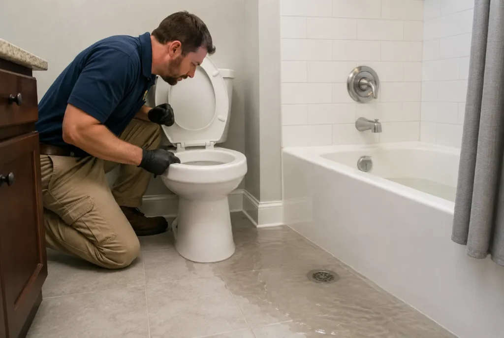 Water backing up in a bathtub near a toilet with a possible shared drain blockage