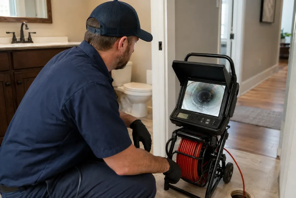Plumber using sewer-camera equipment to investigate recurring drain backups
