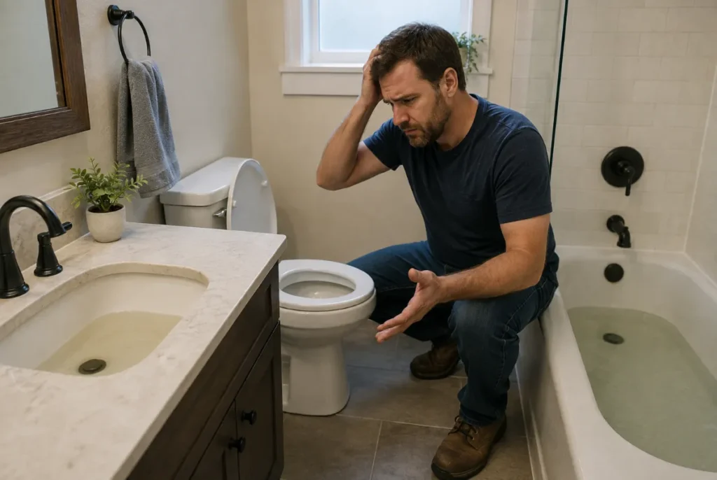 Homeowner checking a bathroom where several drains are clogged at the same time