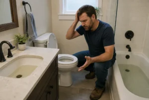 Homeowner checking a bathroom where several drains are clogged at the same time