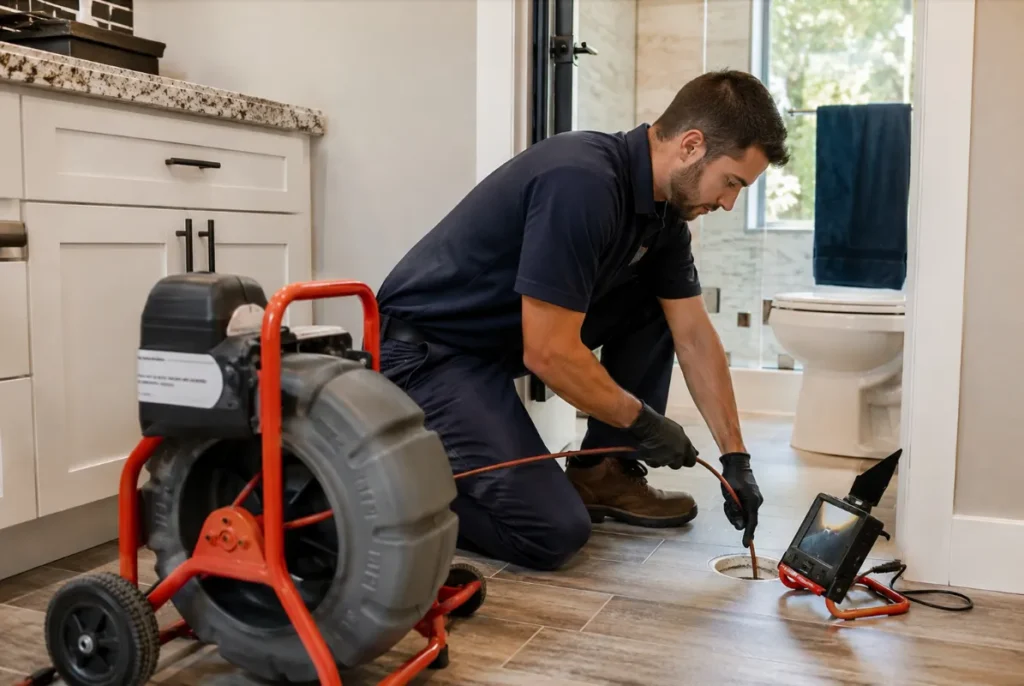 Plumber evaluating multiple clogged drains in a Spring Texas home