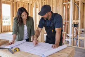 Homeowner and plumber reviewing plans during new home construction