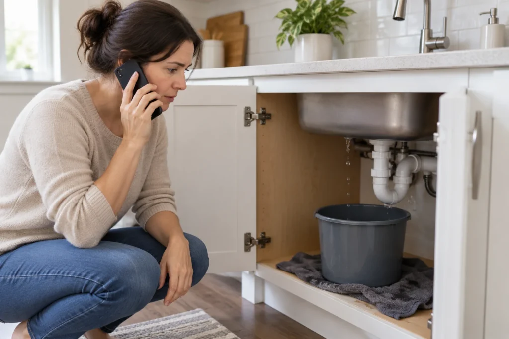 Homeowner calling a plumber and describing a plumbing problem