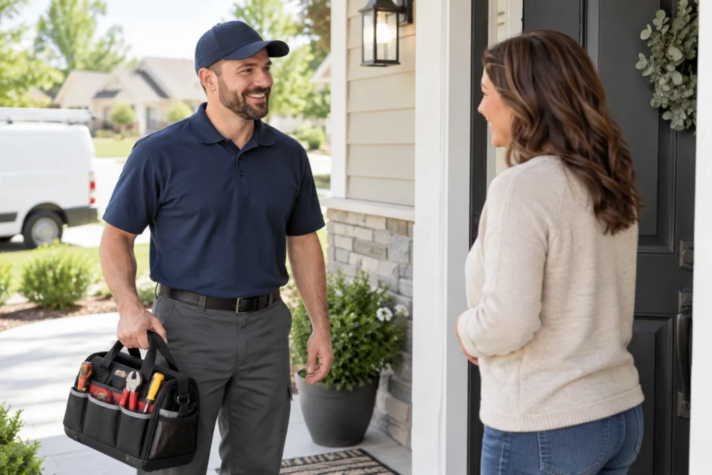 Homeowner meeting a plumber for a scheduled residential service call