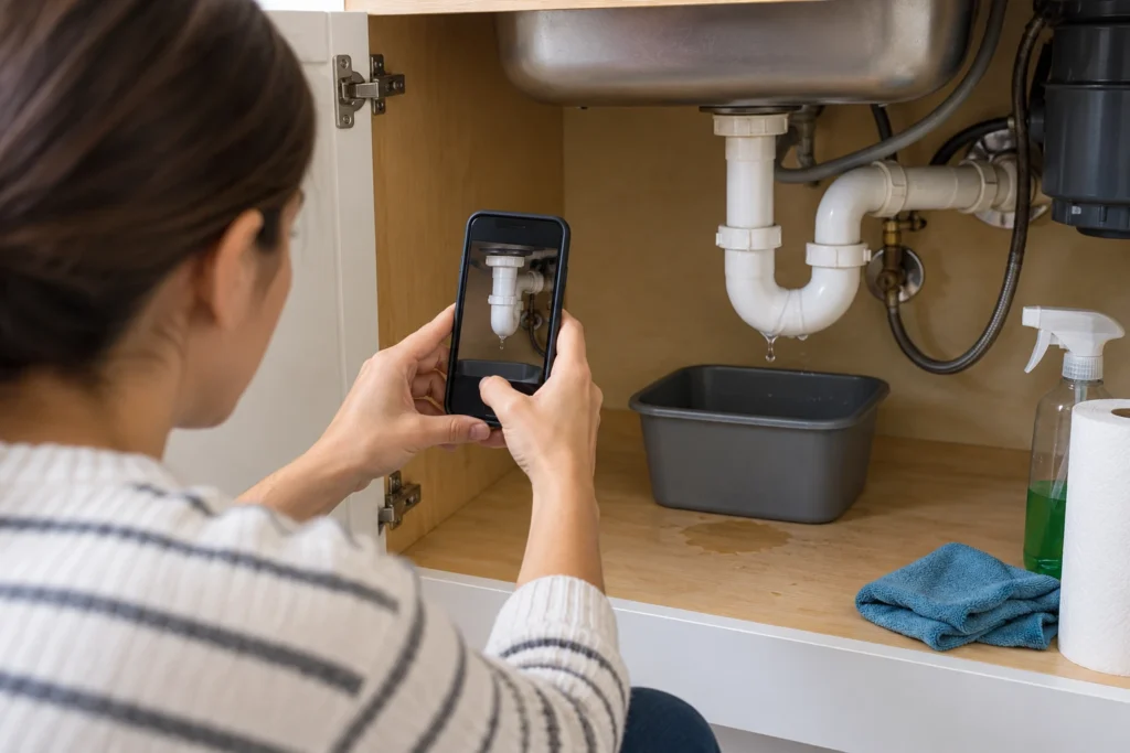 Homeowner taking a photo of a visible plumbing leak before scheduling service
