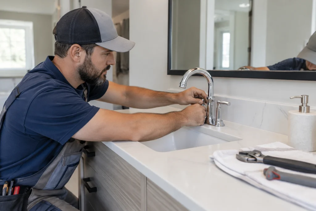 Plumber and builder reviewing plumbing plans before rough-in begins