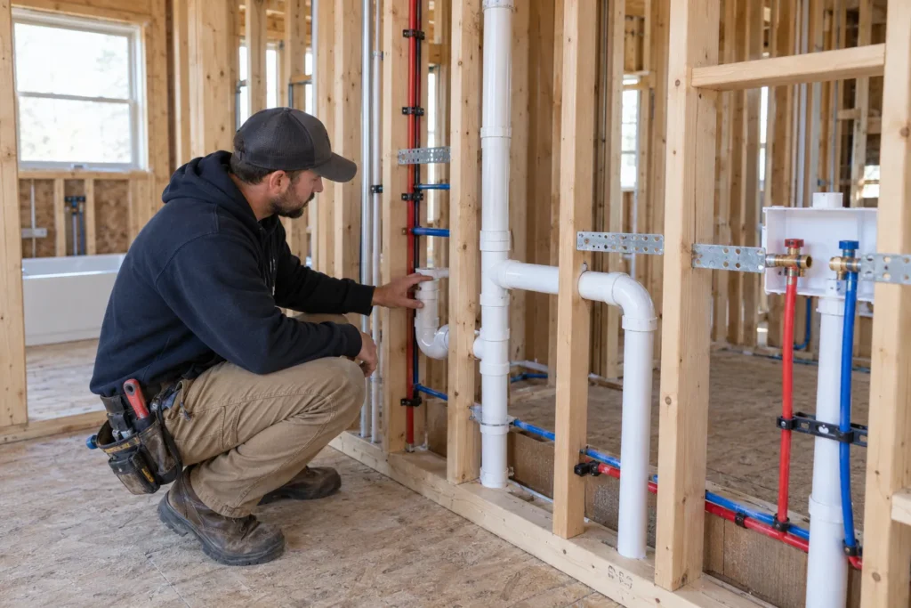 Plumber checking plumbing connections in a newly constructed home