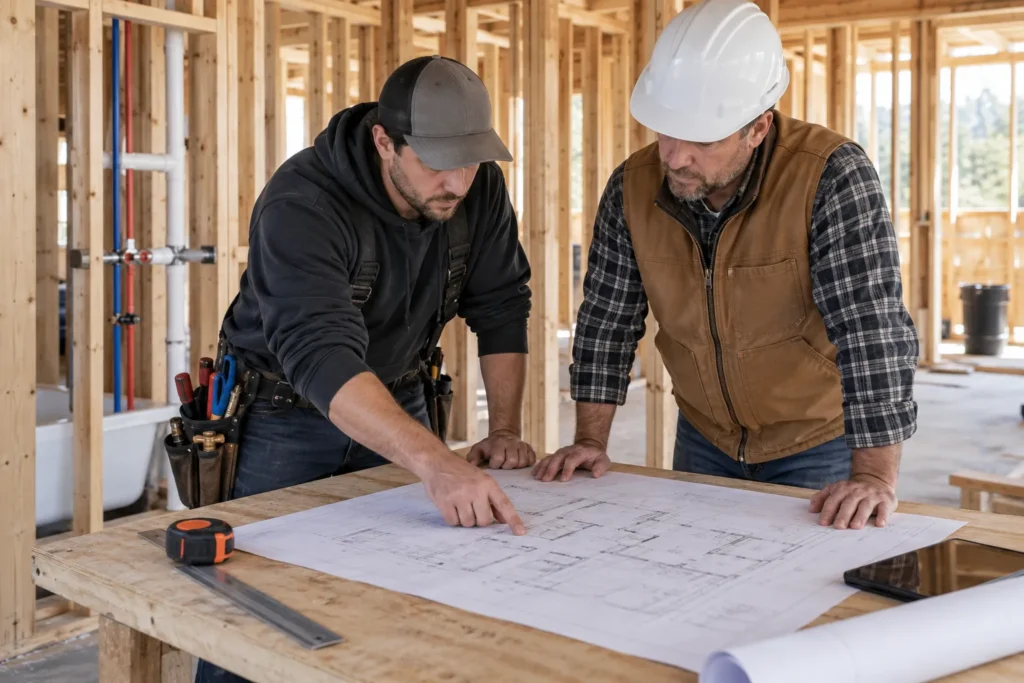 Plumber installing plumbing fixtures near the end of a new home construction project